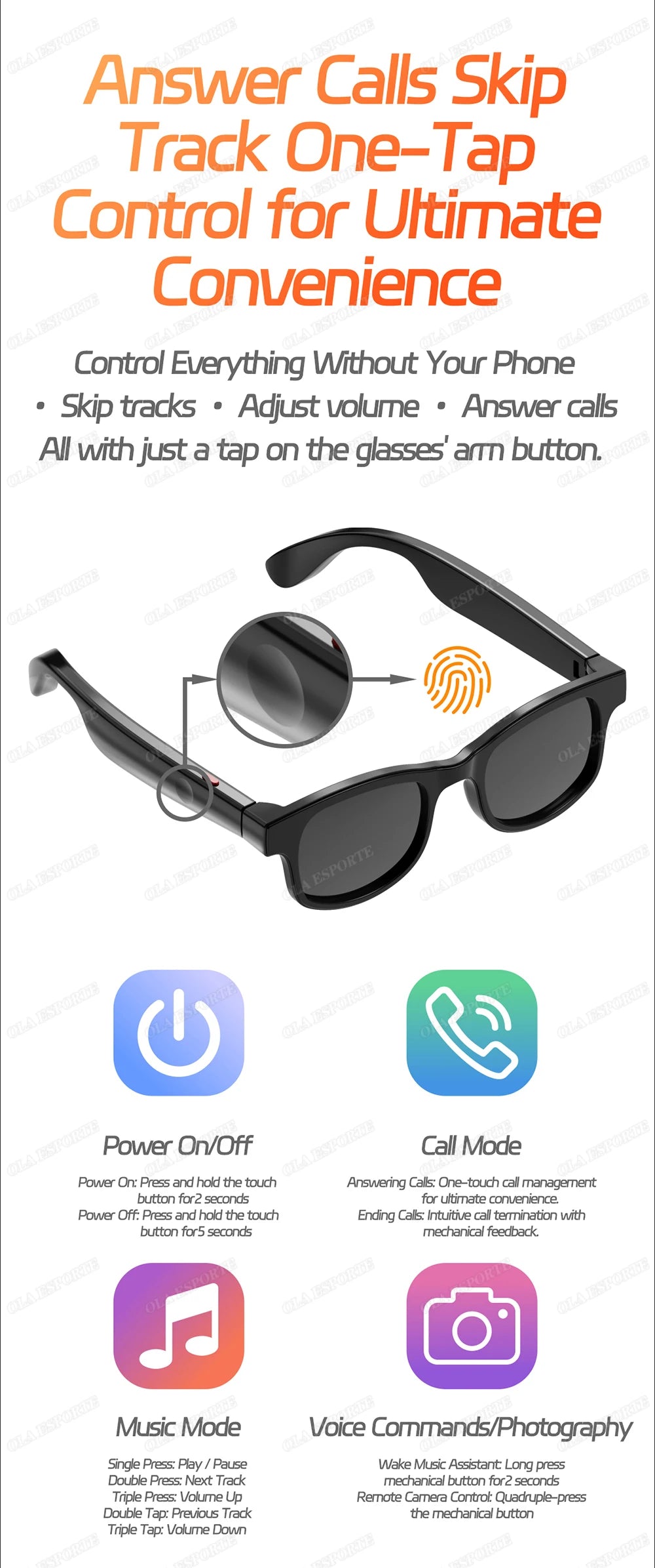 AI Smart Glasses Men Women Multifunction Touch Music Playback Remote Camera Control Voice Assistant BT Glasses Smart Sunglasses